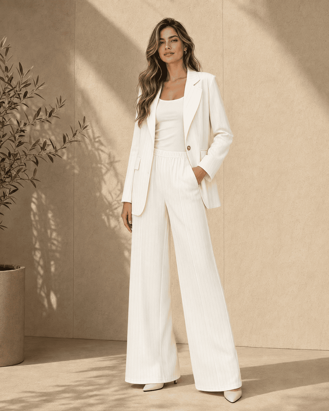 Ensemble Tailleur Élégance – Blazer Ceinturé & Pantalon Large en Crêpe